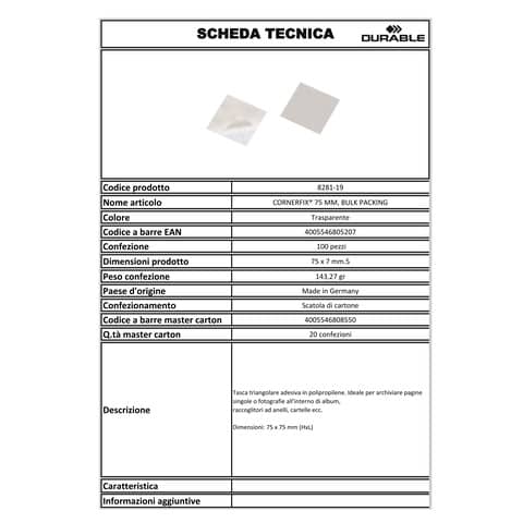 Tasche adesive DURABLE CORNERFIX® triangolari polipropilene trasparente 75x75mm  conf. 100 - 828119